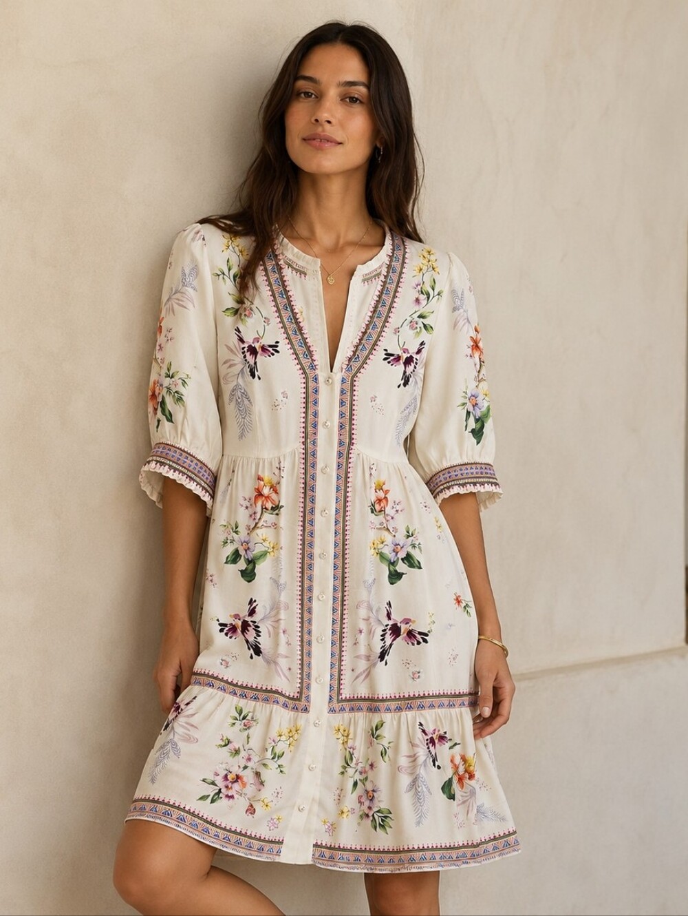 Johnny Was Loren Mini Dress Silk Blend Floral Bird Willah Cream Boho M